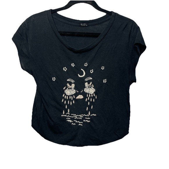 John Galt‎ Brandy Melville Black Tee Embroidered Stars Moon Crying Boho Face OS - Picture 7 of 8